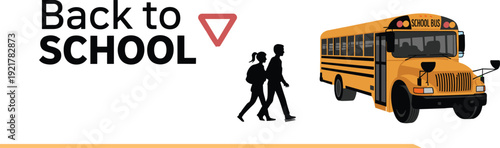 Back to School illustration, yellow school bus with students crossing, education transport safety concept, modern flat vector design isolated background