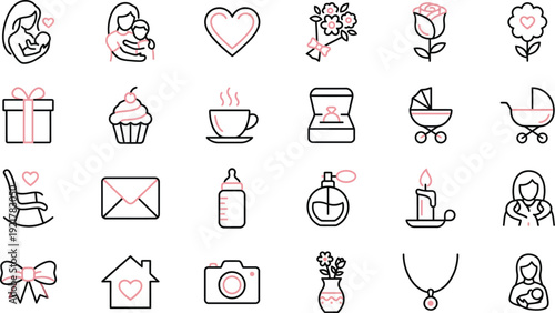 Motherhood and celebration icons collection featuring hearts, gifts, and baby care items.