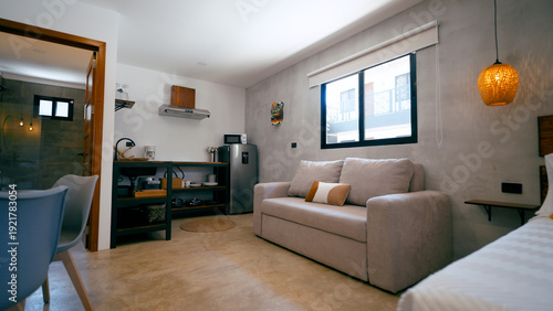 Foto Contemporary studio apartment presenting an open concept living room, a function