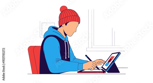 Young Artist Using Digital Drawing Tablet and Stylus for Creative Design Work