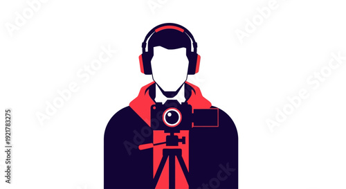 Minimalist Icon of Videographer or Vlogger with Camera on Tripod and Headphones
