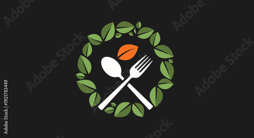 Fresh organic food logo design with leafy wreath and cutlery elements.