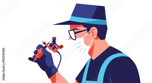 Professional Tattoo Artist in Mask and Hat Holding Modern Tattoo Machine Illustration