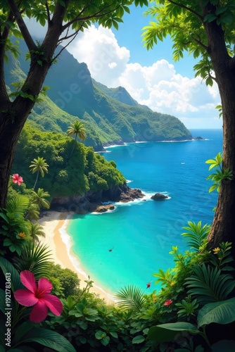 Lush green rainforest canopy teeming with vibrant flora and fauna, overlooking a tranquil turquoise ocean lagoon in Oceania A breathtaking scene of untouched natural beauty , lush, scenic