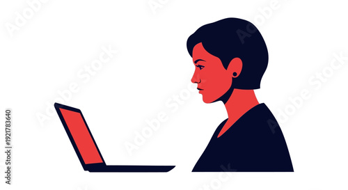 Focused Woman Working on Laptop Screen with Red Illumination Modern Profile Illustration