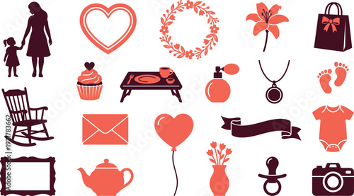 Creative graphic design elements depicting motherhood, love, home, baby, and women's lifestyle symbols.
