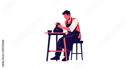 Artisan Potter Working on Clay Sculpture at Table in Minimalist Flat Illustration