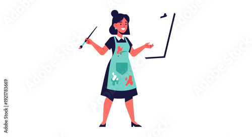 Happy Female Artist Painting on Canvas with Brush and Easel Illustration