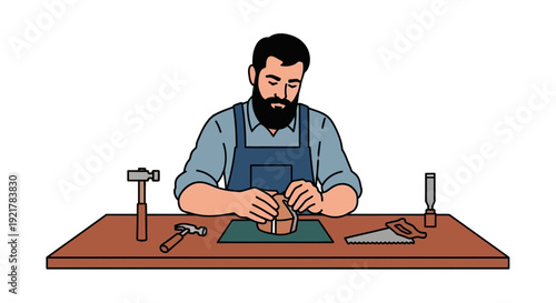 Bearded Craftsman Working on Wood Carving Project with Tools on Table Illustration