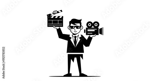 Monochrome Icon of a Director or Filmmaker Holding Clapboard and Vintage Movie Camera