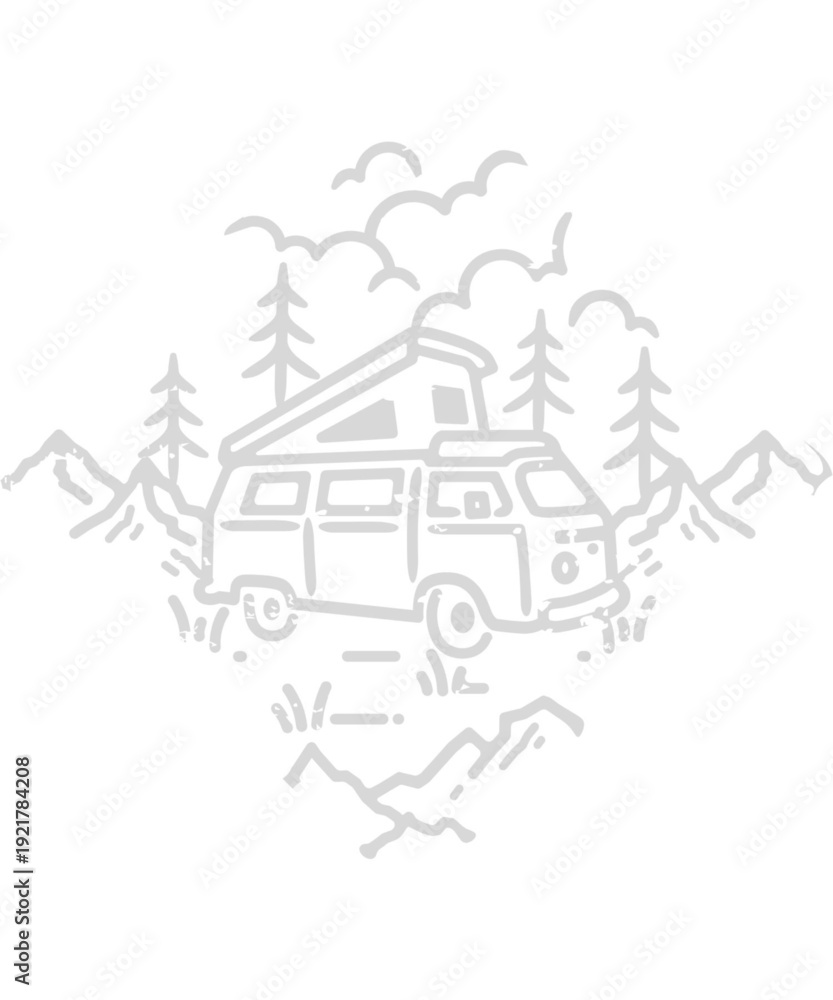 Naklejka premium Camper van adventure in mountains with pine trees and scenic clouds