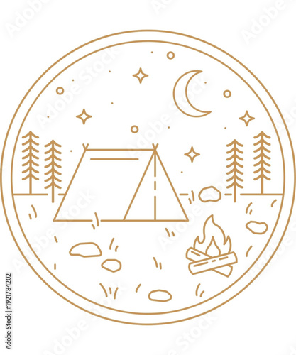 Camping scene with tent, trees, and campfire under moonlight