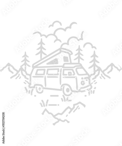 Camper van adventure in mountains with pine trees and scenic clouds