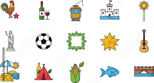 Portugal Symbols Vector Set with Rooster, Wine, Tram, Castle, Sun, Guitar and Traditional Cultural Icons