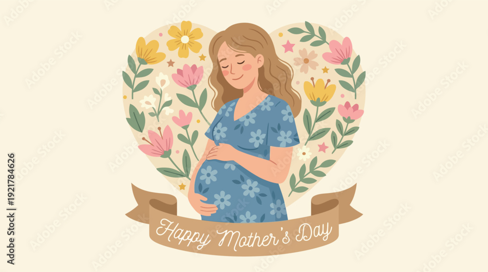 Obraz premium Gentle illustration of a pregnant woman cradling her belly with beautiful floral heart design