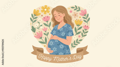 Gentle illustration of a pregnant woman cradling her belly with beautiful floral heart design
