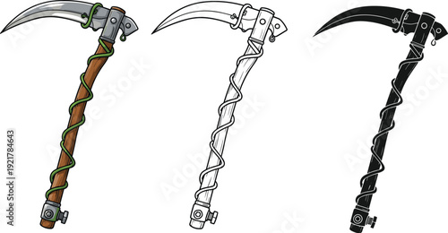 Climbing ice axe illustration set, realistic colored version, line drawing, silhouette style, mountaineering tool design concept, adventure equipment vector artwork collection