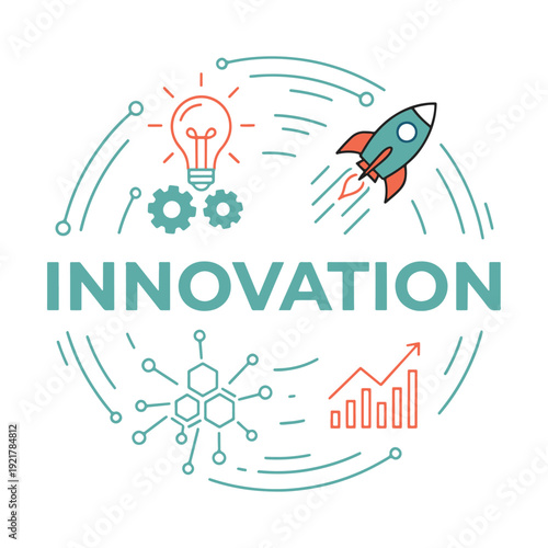 Circular innovation concept graphic with thin line business icons vector illustration.