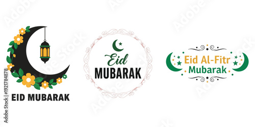 Assortment of Eid Mubarak and Eid al-Fitr vector graphics featuring crescent moons adorned with flowers and lanterns, ideal for festive messages.