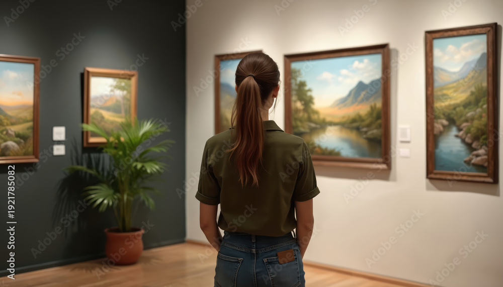 Fototapeta premium Woman views landscape paintings in art gallery. Female visitor observes artwork on wall in museum. Person appreciates art, culture and nature scenery.