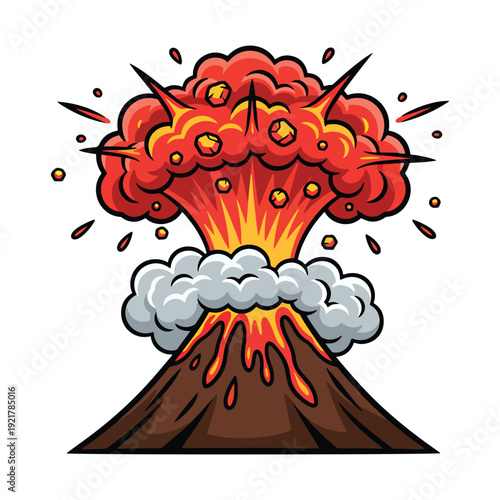 Cartoon style erupting volcano with a massive smoke and fire cloud vector illustration.