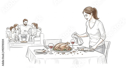 Woman Carving Roasted Chicken at Dinner Table.