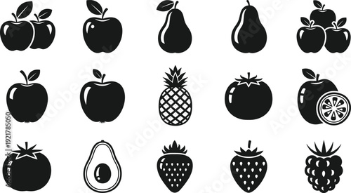 Minimalist black fruit icon set featuring silhouettes of apples pears pineapples strawberries avocados and berries isolated on white background for organic food graphic design