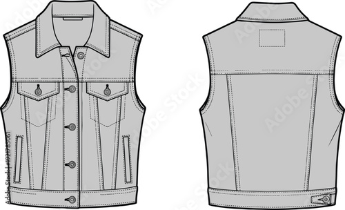 Denim vest mockup front and back view, sleeveless jean jacket template with detailed stitching, technical fashion vector illustration for apparel design