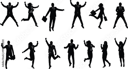 Business people silhouettes, jumping success poses, corporate celebration, teamwork achievement, career growth, motivation, leadership energy, professional triumph