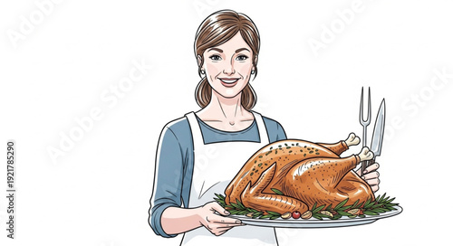 Woman Holding Roasted Turkey Meal.