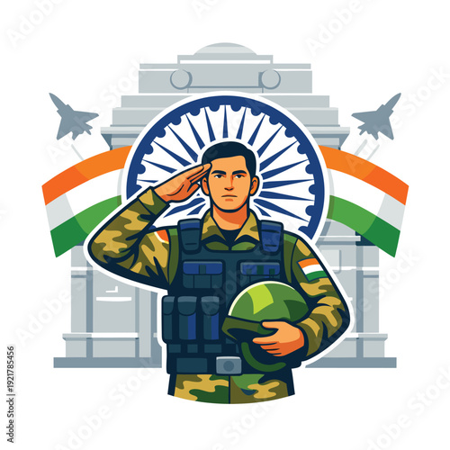 Indian soldier saluting with india gate and national flag in the background illustration high-quality professional