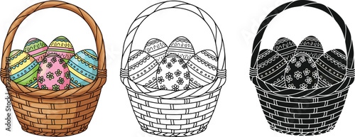Easter basket illustration set, colorful decorated eggs, line drawing, inverted silhouette style, holiday celebration design concept, festive vector artwork collection
