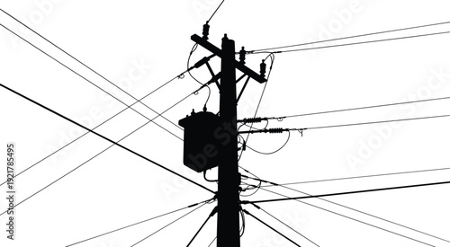 Electric utility pole transformer silhouette, high voltage power lines and cables infrastructure vector illustration isolated on white background