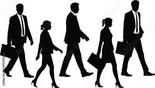 Business people walking silhouettes, professional team in motion, black and white vector, corporate commute illustration, office workers, teamwork and career concept