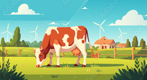 Cow Grazing in Green Pasture with Wind Turbines and Farm Landscape Illustration