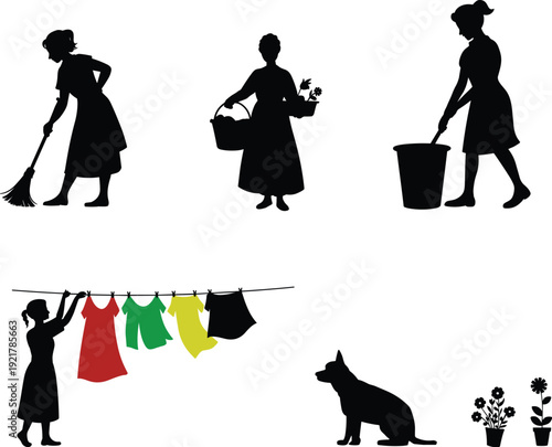Housewife daily chores silhouette collection, cleaning sweeping laundry gardening pet care vector illustration isolated on white background