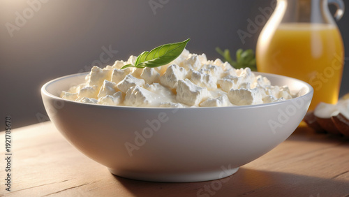 Creamy cottage cheese bowl with herbs and olive oil on wooden table