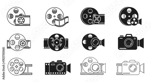 Collection of vintage film reels and cameras icons.