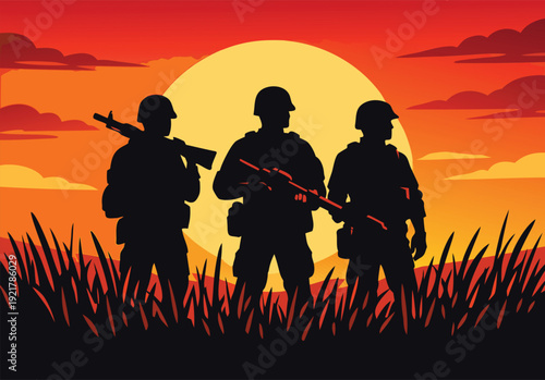 Silhouetted soldiers stand against a vibrant orange and yellow sunset with tall grass high-quality professional