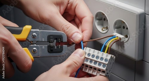 Professional Hands Installing Electrical Wires into Terminal Block near Wall Outlets for Safe Home Power Connections