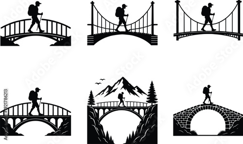 Hiker silhouette crossing bridges set, mountain adventure landscape scene, black and white vector illustration, outdoor travel hiking logo design collection