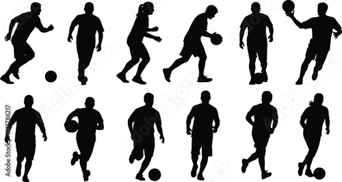 Football soccer player silhouette vector set showing men and women dribbling, running, kicking ball, sport action poses isolated on white background