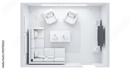 White Minimalist Living Room Interior Design.