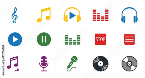 Collection of colorful music and audio icons on white background.