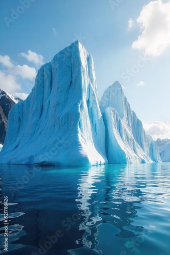 Majestic iceberg mountains rise from a tranquil ocean, sunlight reflecting off their icy surfaces, creating a breathtaking arctic landscape A stunning vista of pristine nature , arctic, wildlife