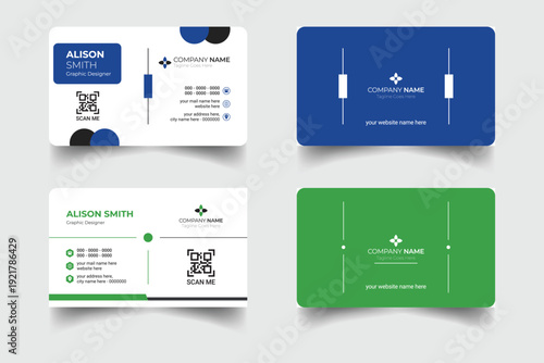 Set of 4 modern business card print templates, double-sided business card design template with professional color variation visiting card layout set.