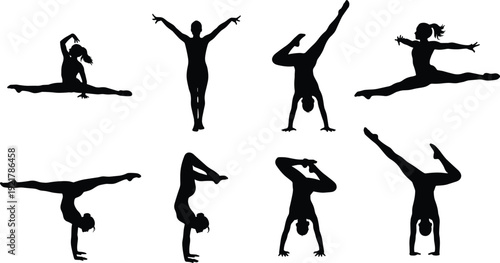 Gymnast silhouette illustration set, dancer poses artwork, acrobatic movement motif, flexibility and balance vector collection for fitness, performance, and activity themes