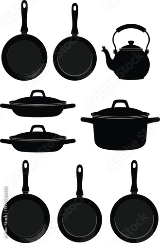 Kitchen cookware silhouettes collection, frying pans casseroles stockpot and kettle set, black vector illustration isolated on white background