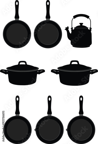 Kitchen cookware silhouettes set, frying pans cooking pots and kettle collection, black vector illustration isolated on white background