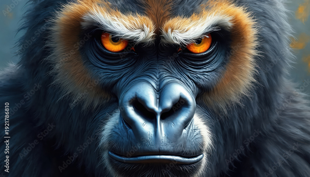 Obraz premium Gorilla face close up with bright orange eyes looking forward intensely. Fur detail shows grey black and tan colors. Powerful primate expression.